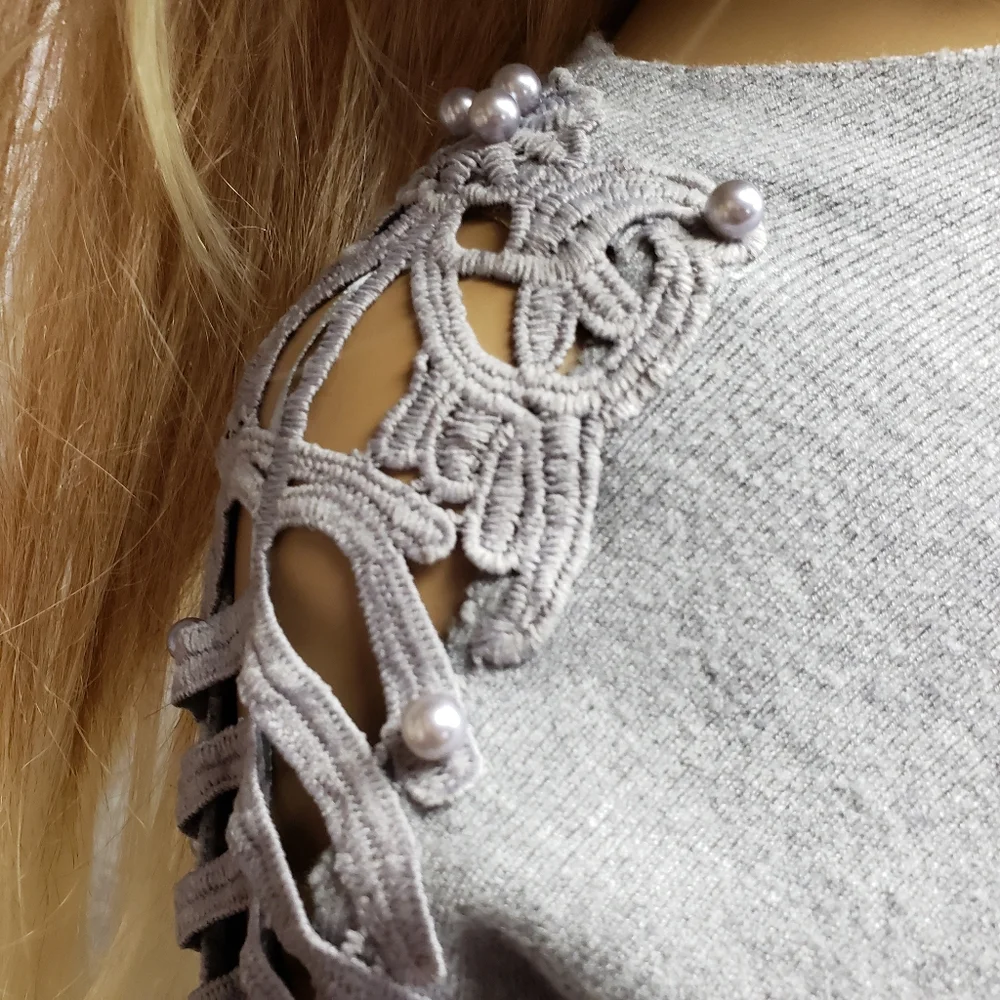 Anthro Ember Gray Sweater with Embroidered Cut Outs & Pearls Sleeve - Picture 2 of 12